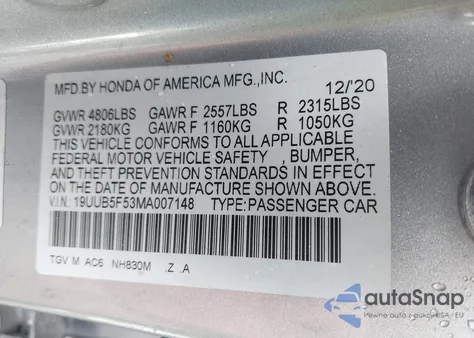 2021 Acura Tlx A-Spec Package из США, поврежденный, VIN 19UUB5F53MA007148